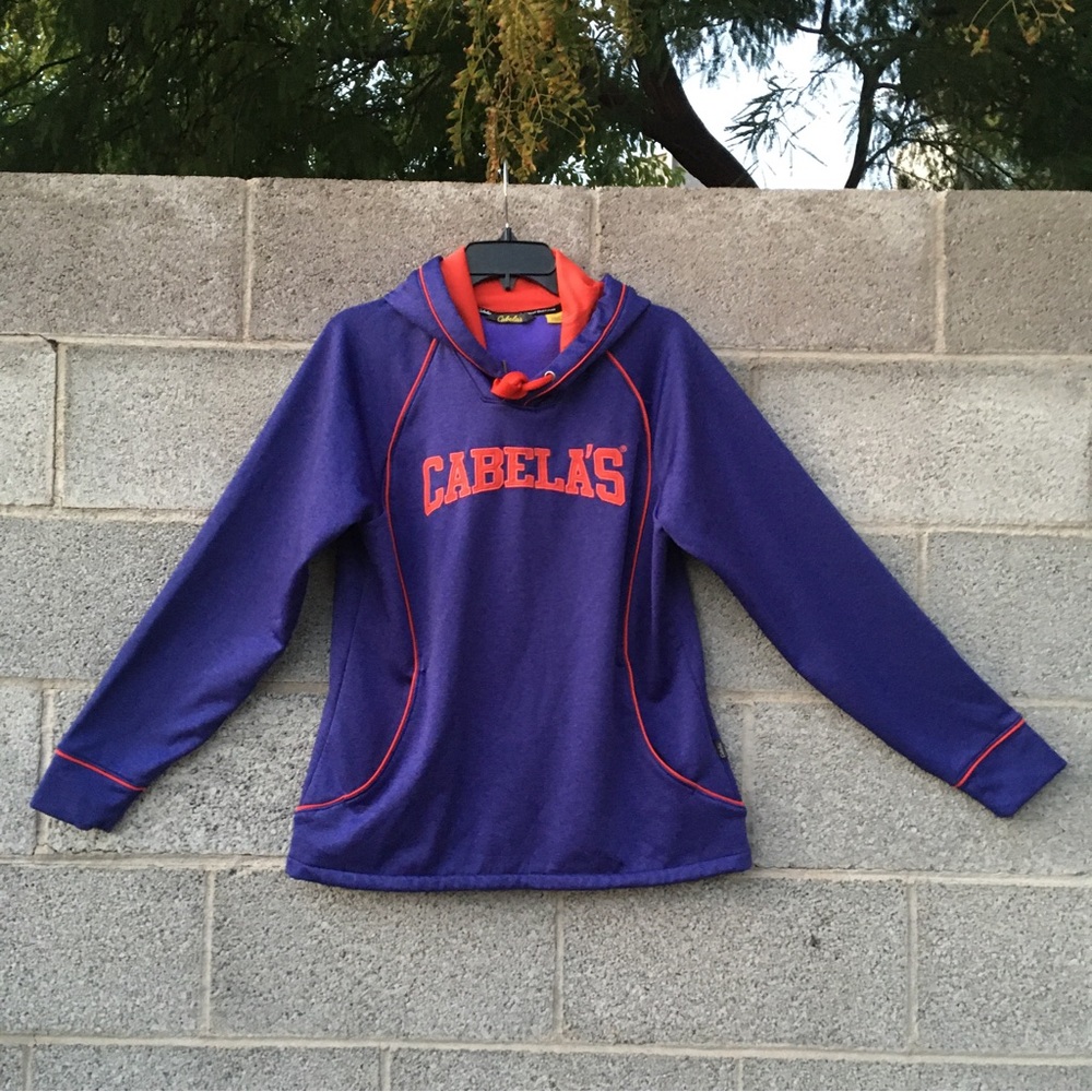 Cabela’s Women’s L Poly Stretch Hoodie Purple with Orange Spellout Size Large